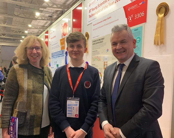 Caroline Clarke Principal Skerries CC, Adam Kelly Winner Young Scientist, CO DDLETB Paddy Lavelle Caroline Clarke Principal Skerries CC, Adam Kelly Winner Young Scientist, CO DDLETB Paddy Lavelle