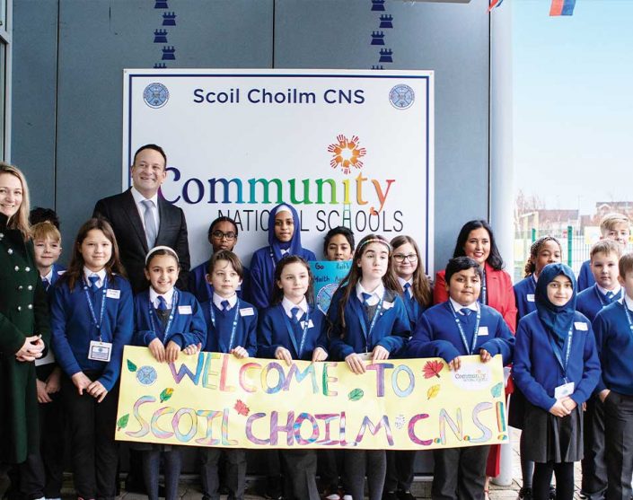 Students Greet An Taoiseach Leo Varadkar at Scoil Choilm CNS DDLETB